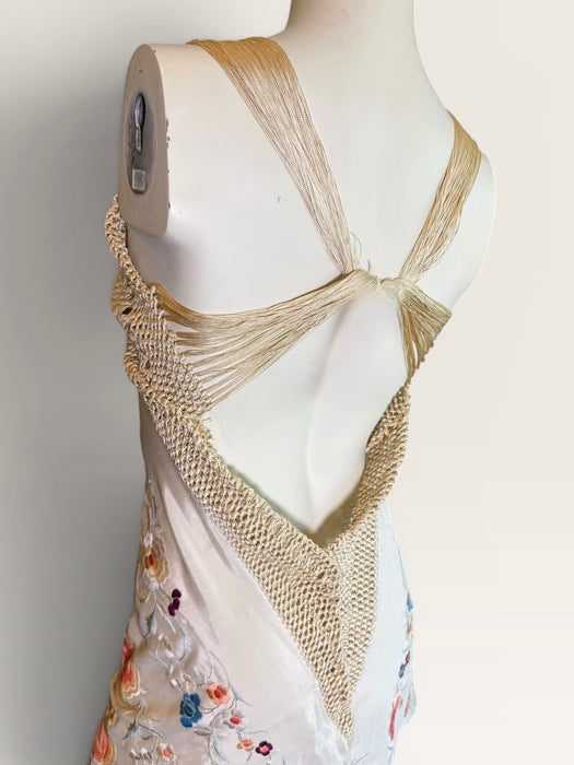 Diana, reworked short 40s silk embroidered piano shawl dress