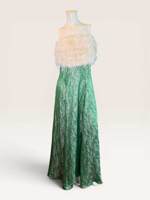 Monica, reworked 1920s green floral lamé gown with cream ostrich feather bust