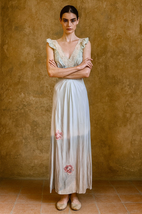 Thea, reworked 30s hand dyed embroidered and lace dress