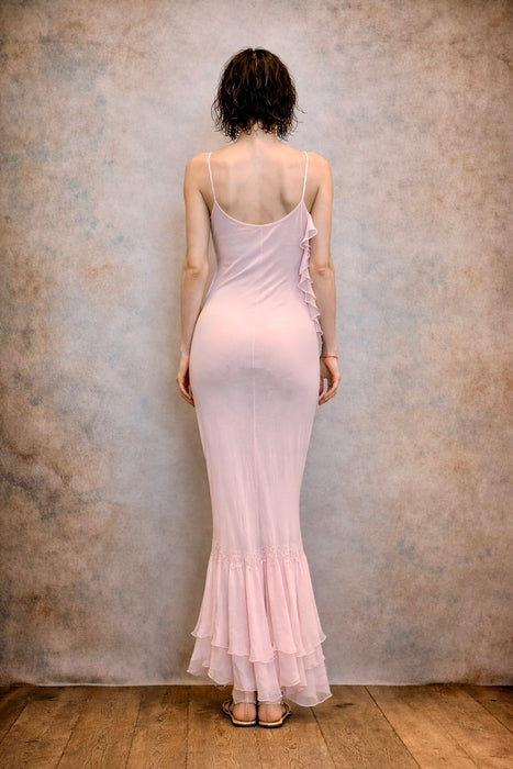 Honey, 90s pink chiffon bias cut, beaded dress