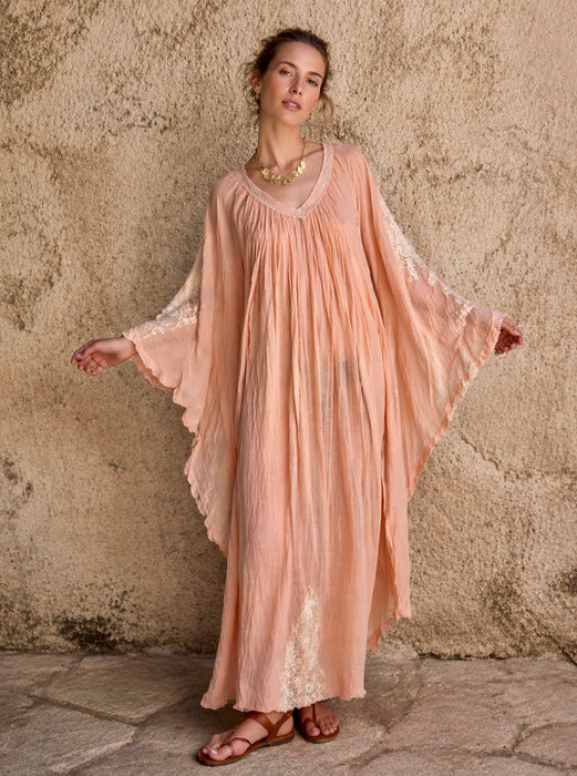 Aurora, 70s hand dyed cheesecloth and lace angel sleeve kaftan