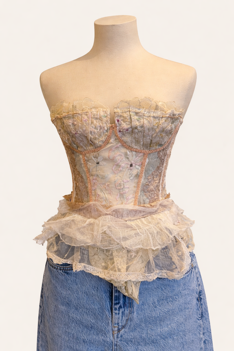 Mirabelle, repurposed 60s  corset with French organza, lace and floral embroidery