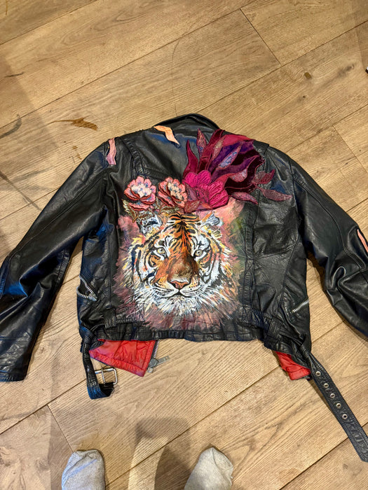 Holi, 70s black leather hand painted jacket with 70s embroideries