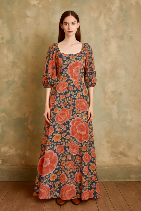 Mary, 70s silk floral print long dress wit balloon sleeves