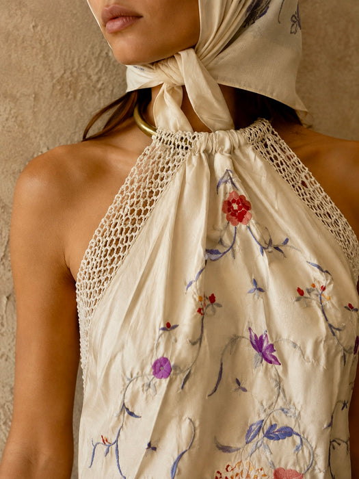 Plato, reworked short piano shawl embroidered dress with brass chocker