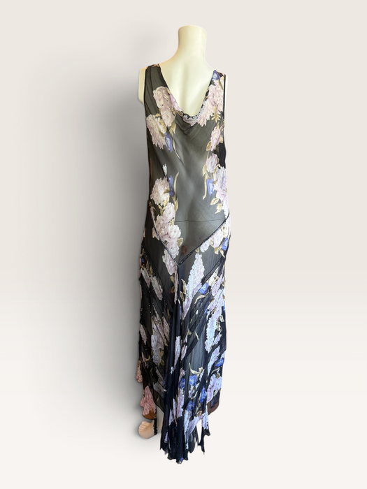 Taylor, 90s beaded bias cut floral print asymmetric dress