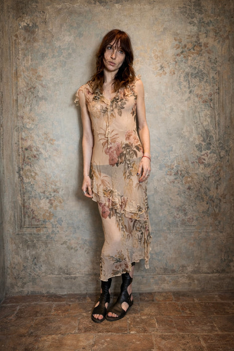 Doja, 90s chiffon bias cut floral frill dress