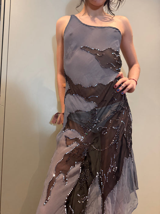 Sabrina, vintage bias cut asymmetric chiffon silk beaded dress