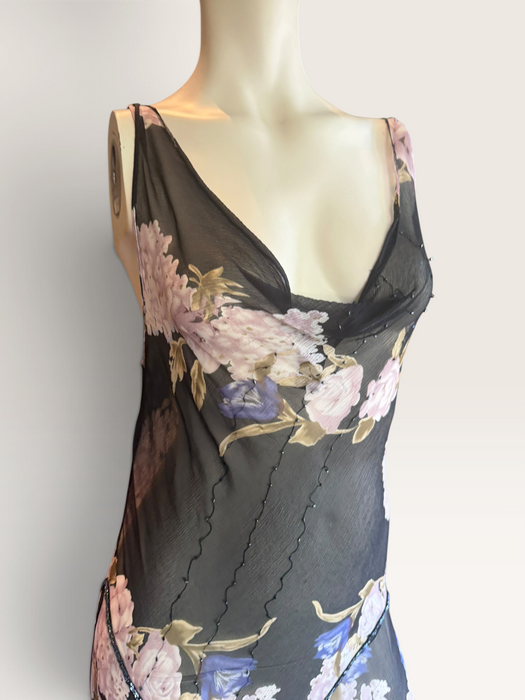 Taylor, 90s beaded bias cut floral print asymmetric dress