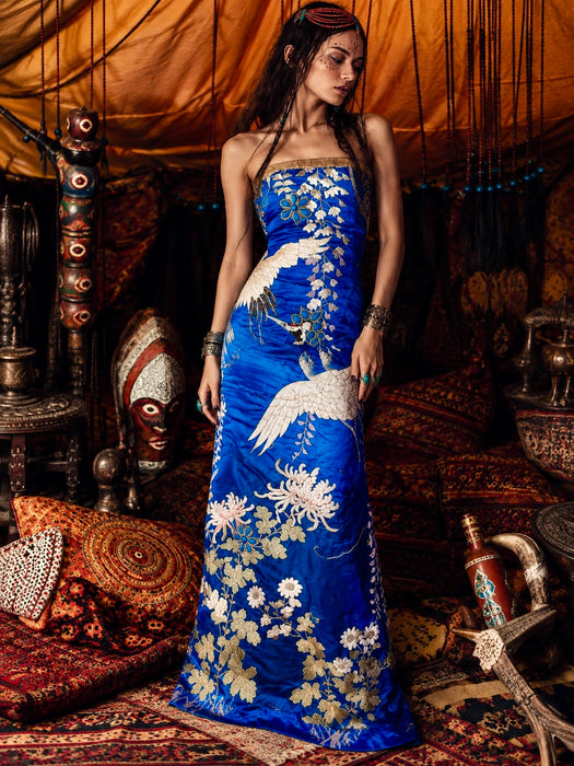 Raner, reworked 1930s cobalt blue silk embroidered bustier dress