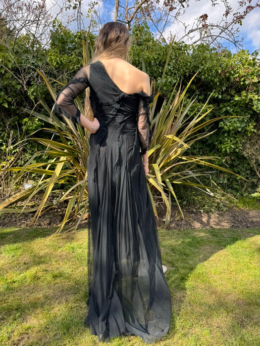 Stevie, 30s black net assymetric pleated gown