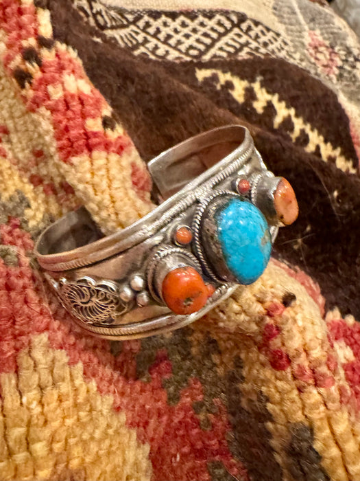 Layla, antique silver Native American turquoise and coral cuff