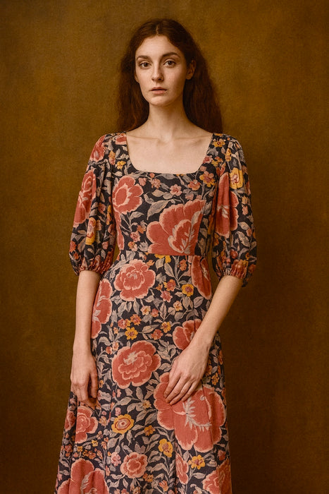 Mary, 70s silk floral print long dress wit balloon sleeves