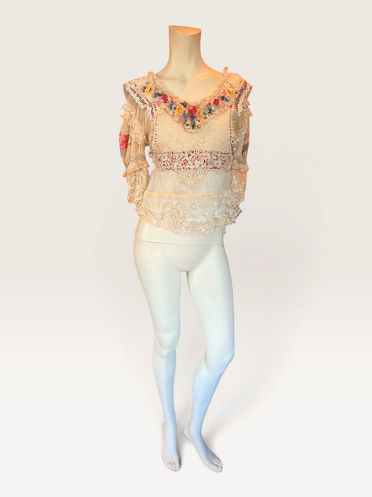 Paulina, reworked antique lace blouse with Romanian silk embroidered sleeves and collar