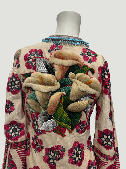 Chapan, early 19th C Uzbek chapan embroidered and beaded robe with couched Edwardian floral embroidery and turquoise buckle