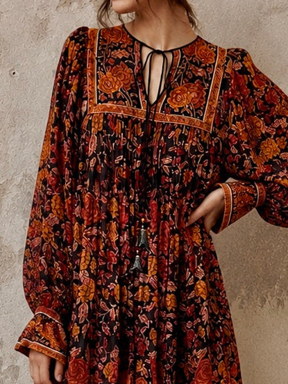 Anchor, 70s silk Indian block print balloon sleeves belted dress