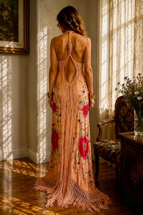 Mina, reworked 1940s silk embroidered fringed piano shawl dress