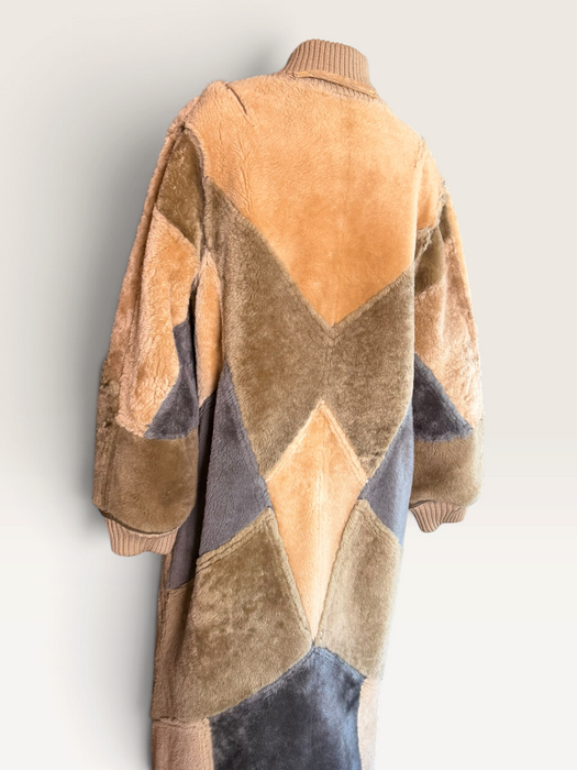 Tilly, 1980s reversible sheepskin and suede patchwork coat