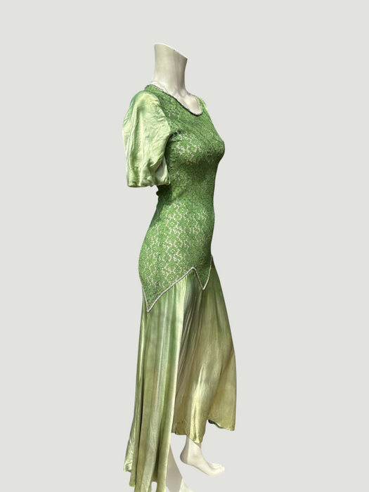 Astrid, 1930s silk and lace green hand dyed bias cut dress with rhinestone details