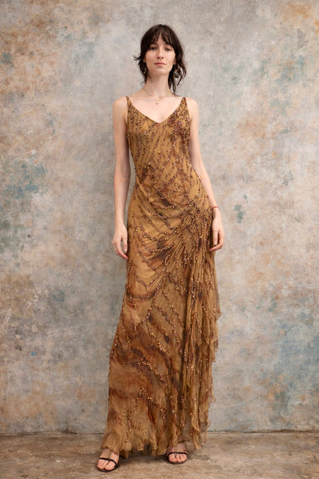 Glory, vintage animal print beaded bias cut silk chiffon dress