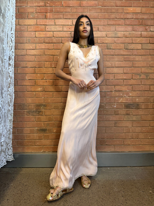 Tabitha, 20s silk bias cut dress with hand made florals