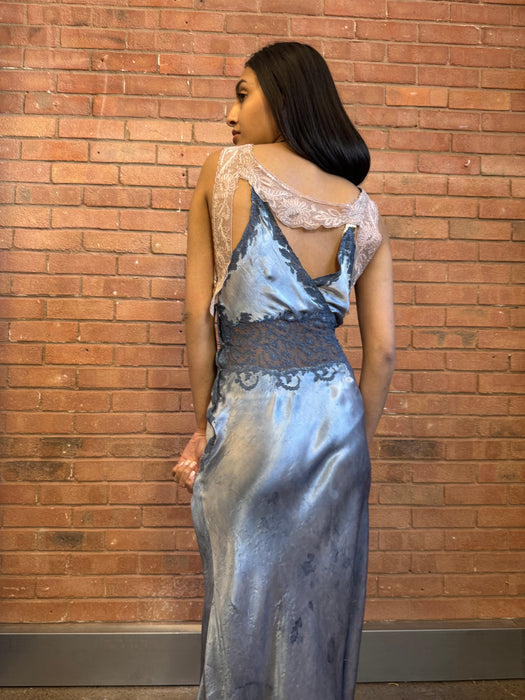 Azure, 20s bias cut hand dyed dress with lace detail