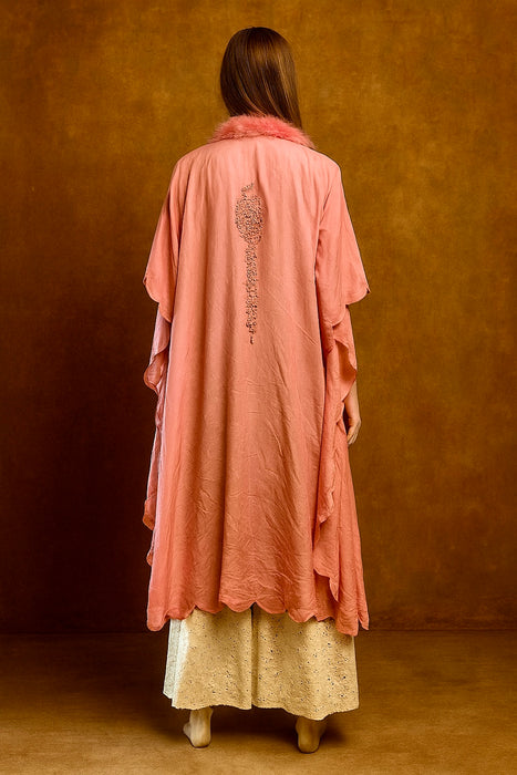 Lolie, 30s silk feather scalloped silk robe with lace inserts and floral button