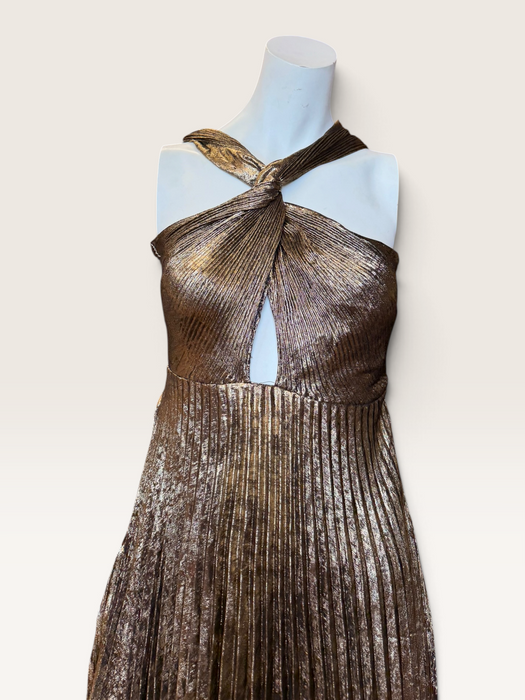 Addison, 1970s gold lures pleated gold halter neck dress