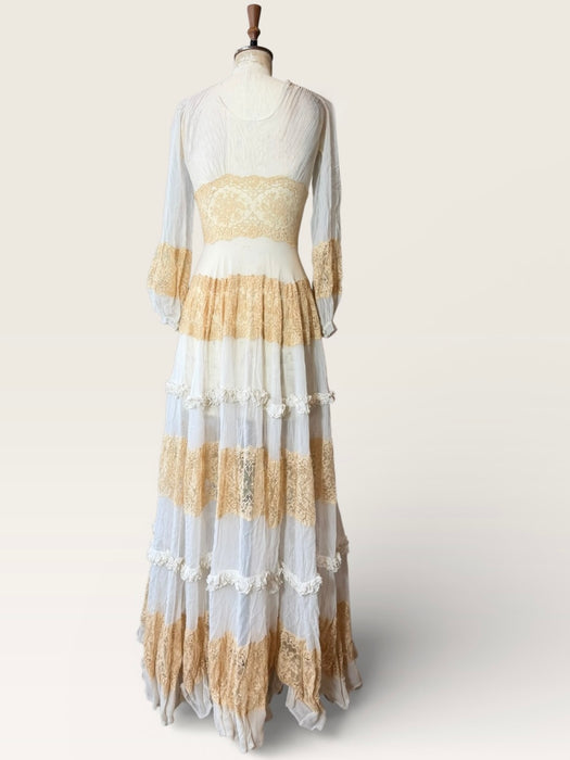 Sabine, 30s off white chiffon and cream lace tiered buttoned dress