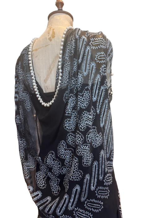 Zandra Rhodes, Rare 70s navy print silk slip and ribbon beaded dress with pearl trim