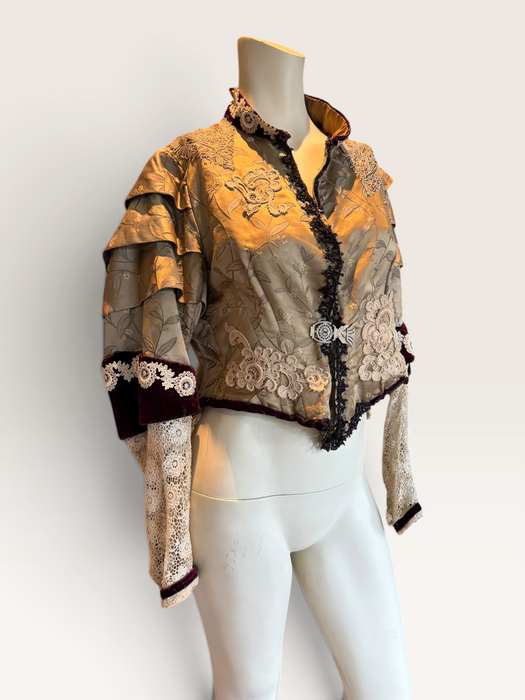 Carlotta, reworked Victorian silk damask and lace boned beaded jacket