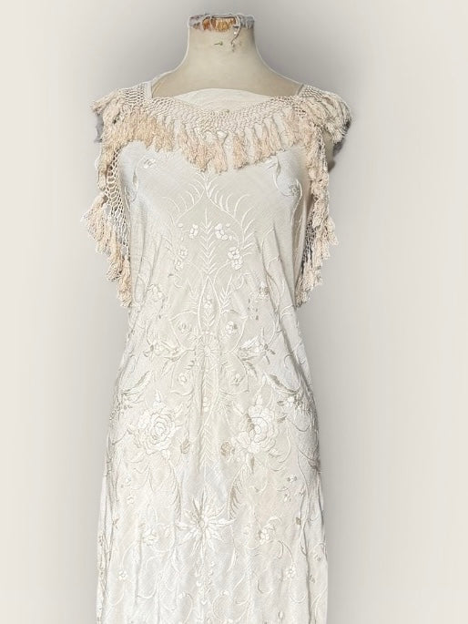 Odette, reworked 20s cream silk embroidered piano shawl