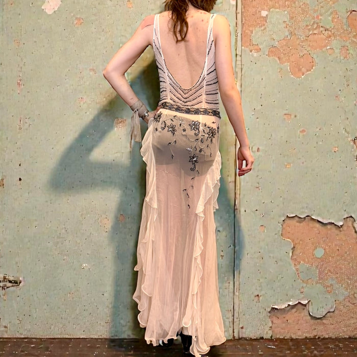 Bettina, 90s silk chiffon beaded bias cut frill dress