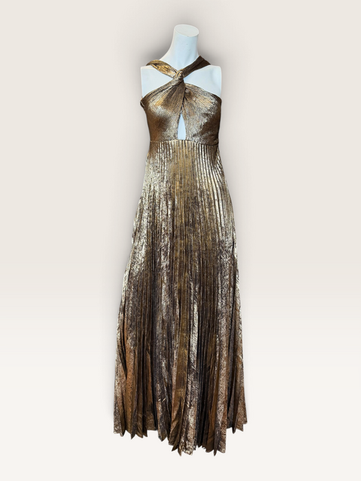 Addison, 1970s gold lures pleated gold halter neck dress