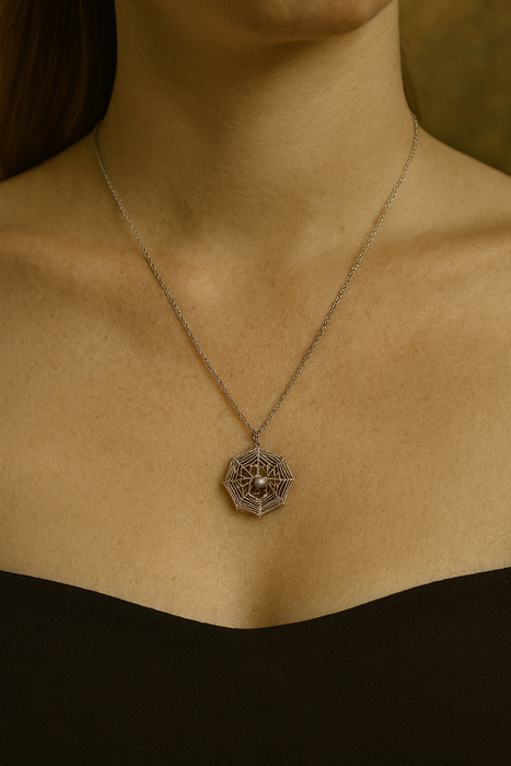 Lane, Victorian silver spiderweb charm on a silver chain
