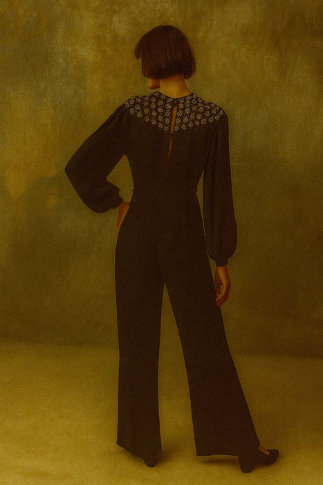 Beluga, reworked 30s black crepe and rhinestone jumpsuit with balloon sleeves