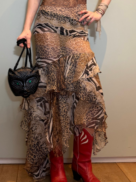 Lola, 90s mixed animal print silk chiffon  bias cut frill dress