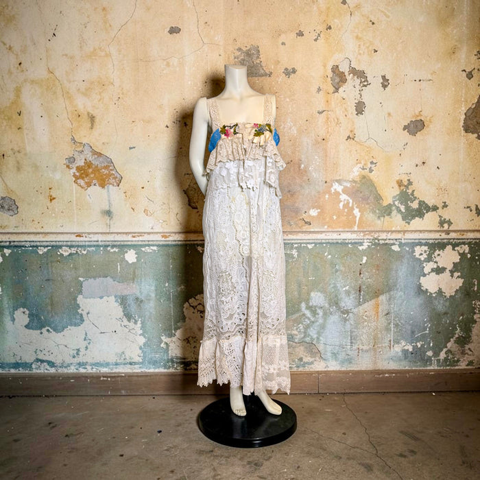 Roya, reworked Victorian lace dress with ribbon florals turquoise beading