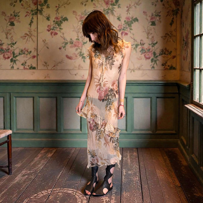 Doja, 90s chiffon bias cut floral frill dress