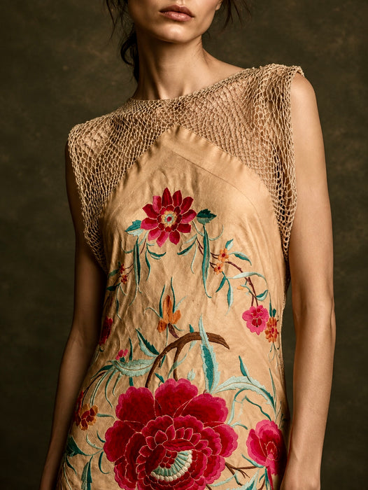Bailey, reworked bias cut floral embroidered piano shawl dress