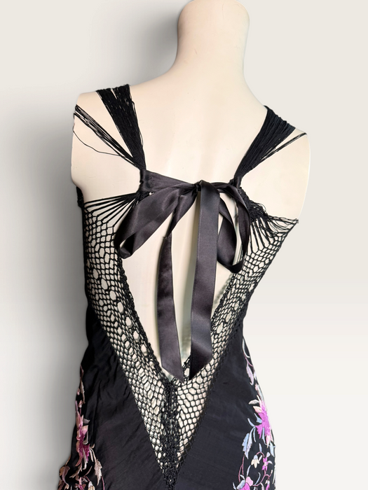 Cody, reworked 1940s black silk embroidered piano shall mini dress