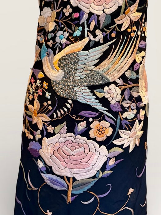 Angel, reworked 30s silk embroidered piano shawl bias cut dress