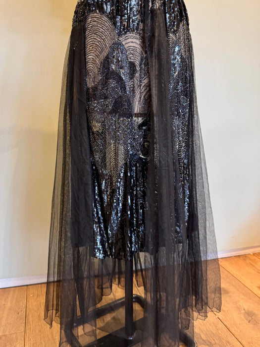 Megan, original 20s black sequins and net dress dress with beaded belt