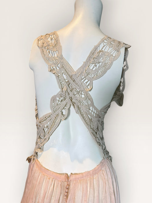 Rosa, reworked Victorian tape-work cream top and pink organza tiered skirt