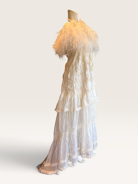 Bodie, vintage white ostrich feather and Victorian silk ruffle skirt