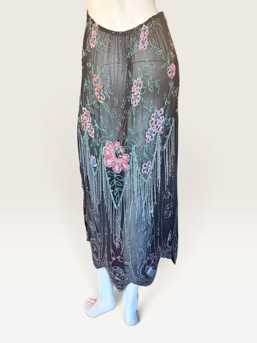Dana, reworked 1920s black beaded floral fringed silk chiffon scalloped dress