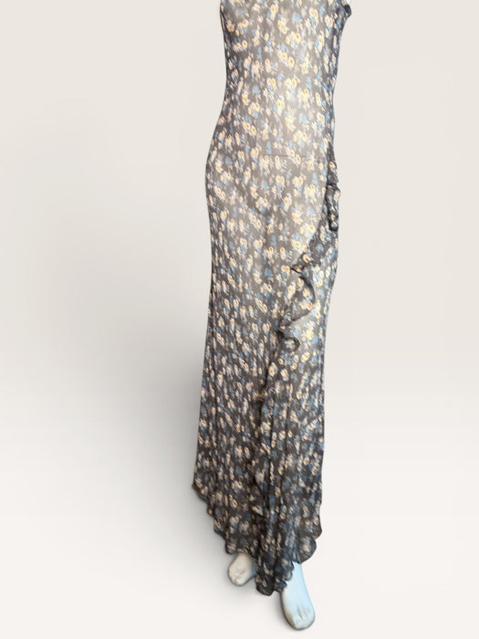 Bora, 90s silk chiffon bias cut floral, long frill dress