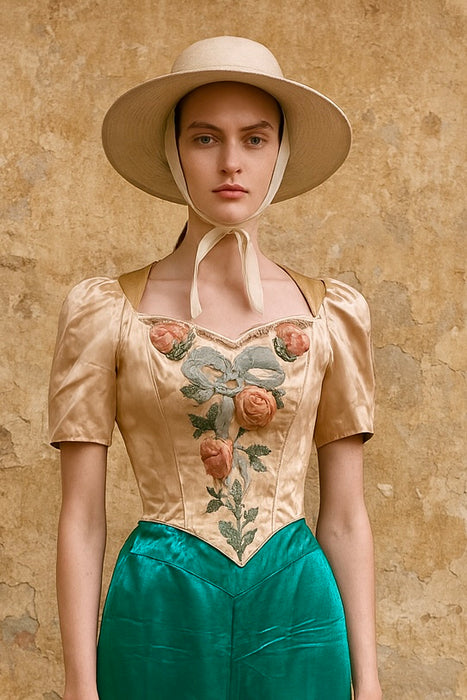 Martha, Victorian silk boned bodice with velvet ribbon flowers