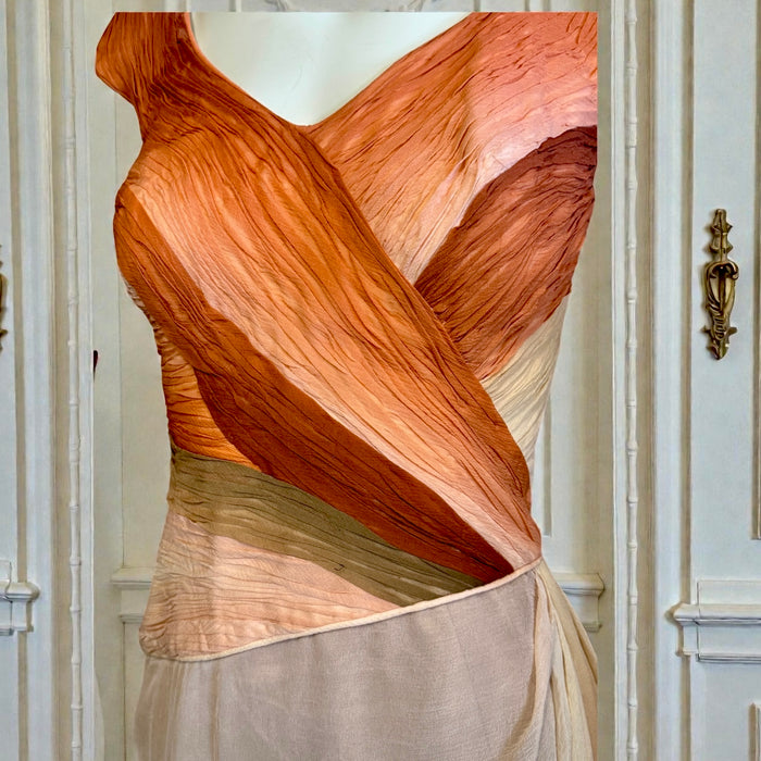 René-Rachel Couture, 70s silk chiffon draped dress