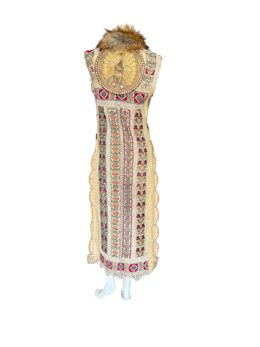 Chiara, 19th C Greek hand woven embroidered waistcoat with a faux fur collar and beaded side pocket